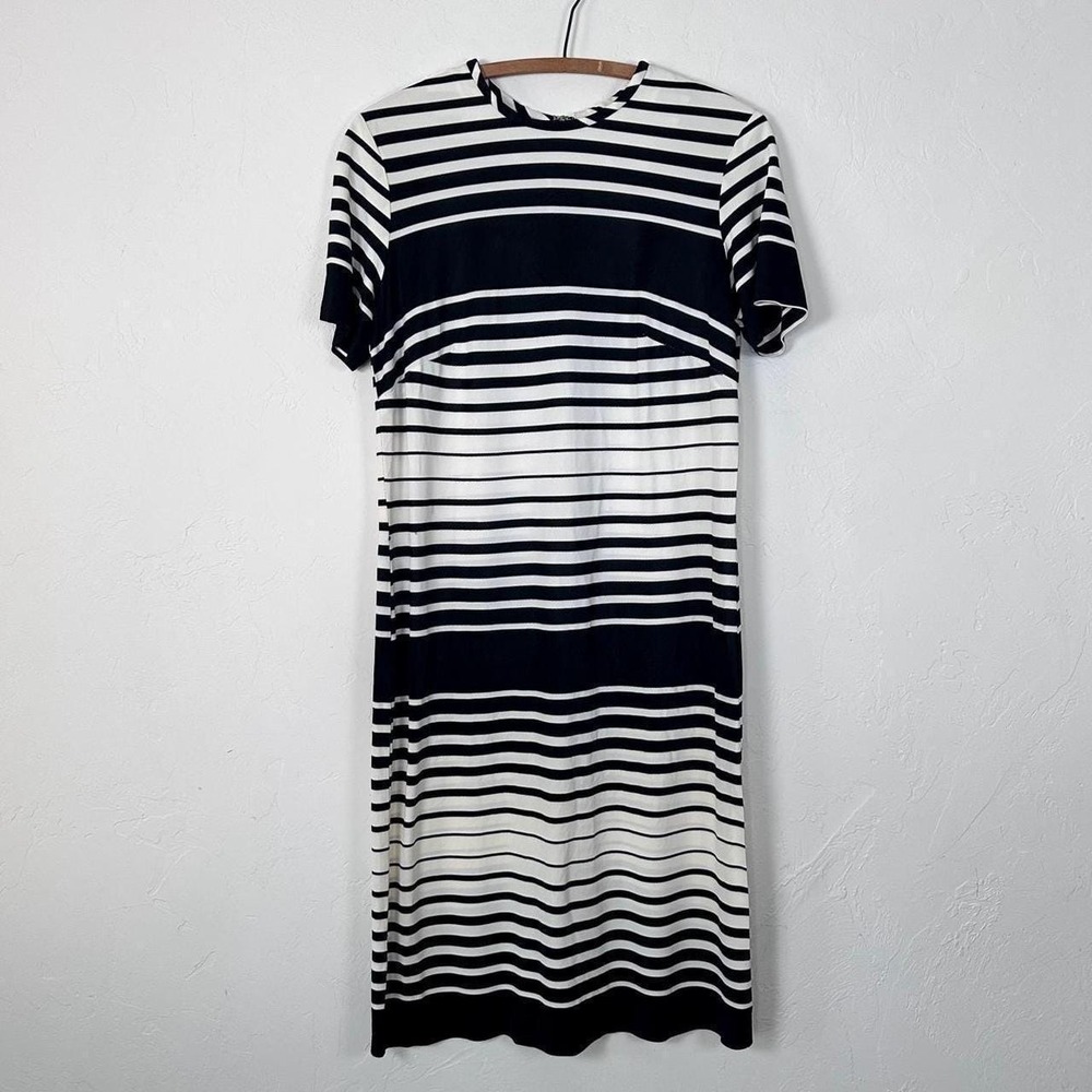 Vintage Black and White Striped Short Sleeve Midi Dress Crew‎ Neck Back Zip